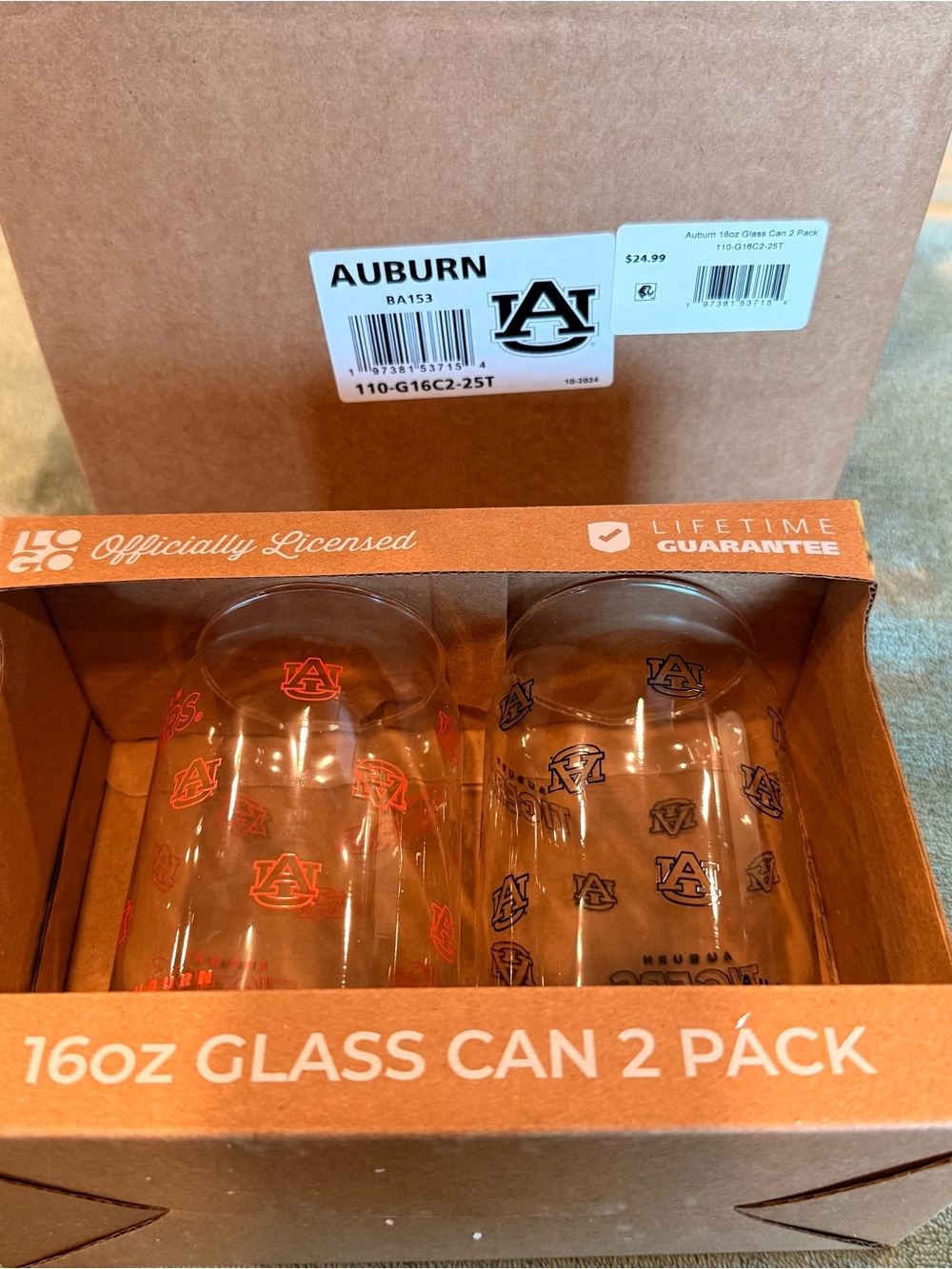 Auburn Tigers 16oz Glass Can 2 Pack Officially Licensed NCAA New